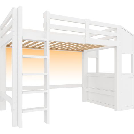 Cama alta 90 x 200 con 3 cajones, estantes e iluminación LED, blanco (1/5)
