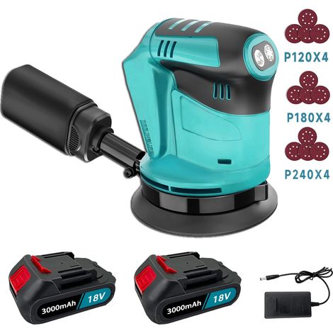 Levigatrice orbitale casuale senza fili e senza spazzole, utensile per levigatura e lucidatura da 125 mm, 12 dischi, 2 batterie da 3.0 A + caricabatteria, compatibile con la batteria Makita