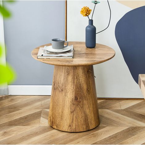 Table basse ronde compacte en MDF décor bois clair, Ø 50 x H 48 cm, plateau 2,5 cm jusqu'à 120 kg, patins antidérapants, pour salon ou balcon – de FLORAGRACE (1/5)