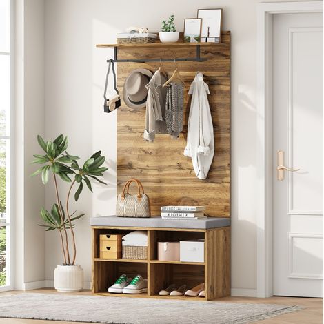 Mobile ingresso 84 x 35 x 175 cm con panca portascarpe, appendiabiti e ripiani HAVRYA (1/5)