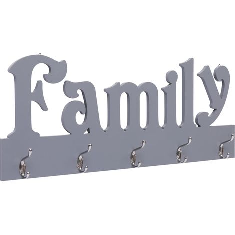 Perchero de pared de MDF con estampado FAMILY gris con 5 ganchos 74x29,5 cm DEC024225 (1/5)