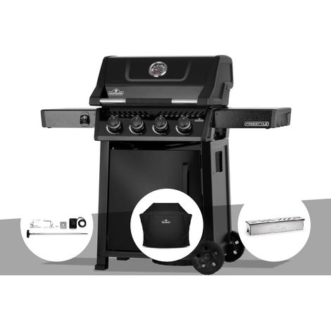 Barbecue gaz Freestyle 425 noir 4 brûleurs avec porte et brûleurs inox + Housse de protection + Rôtissoire + Boitier pour fumage - Napoléon