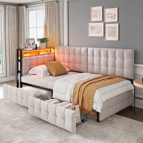 Cadre de lit beige en tissu 208,5 x 99 x 83,5 cm (1/5)
