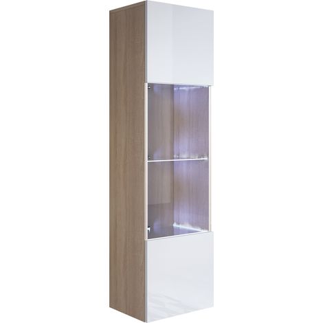 Vitrina colgante  Armario  Mueble de Salón  Vitrina de pared  LED  1 puerta  40x165x29cm  Modelo Luke V6  Sonoma mate y Blanco brillo (1/4)