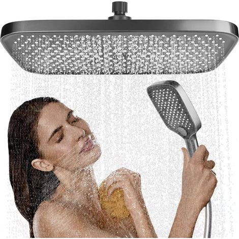 Soffione doccia a pioggia, 35,5 cm, soffione doccia da incasso, orientabile a 360°, risparmio idrico, autopulente, quadrato, cromato (1/5)