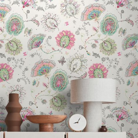 papier peint fleurs blanc, multicolore, rose, vert et bleu - Livingwalls (1/5)