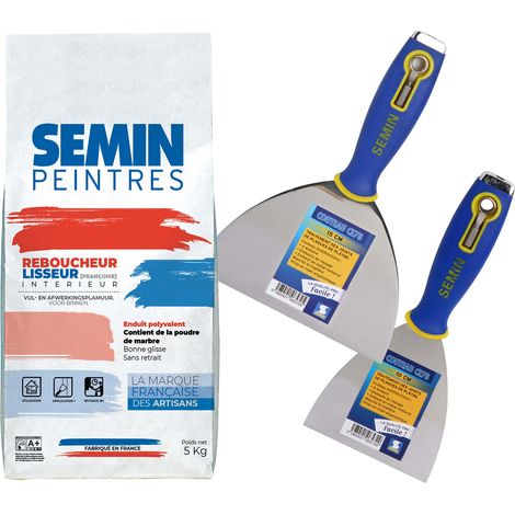 Enduit de rebouchage et lissage en poudre Reboucheur Semin - intérieur - Sac de 5 kg, un couteau à enduire multifonctions CE 78 - 10 cm et un couteau à enduire - 15 cm (1/5)