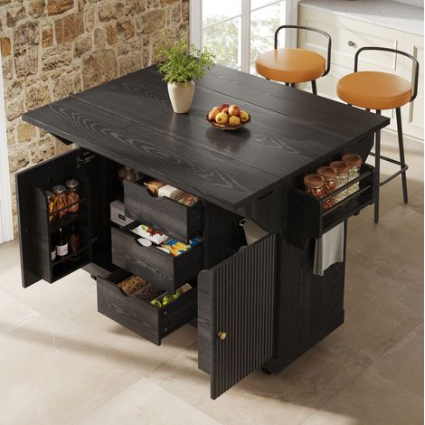 Carrello servitore 142.5x80x95 cm con prolunghe pieghevoli, 3 cassetti, altezza ergonomica, MDF, nero (1/5)
