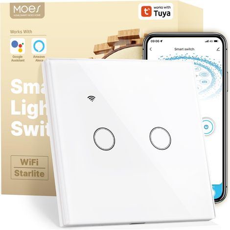 MOES WiFi Inteligente Toccare Interruttore a muro con 1/2 Way, stato relè opzionale, neutro richiesto, compatibile con app Smart Life/Tuya, telecomando RF433, Alexa e Google Home Bianca, 2 Gang (1/5)