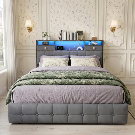 Lit Coffre double 140x190 cm Velours Gris, Lit rembourré avec LED et USB - Tête de Lit avec Rangement Intégré - Sommier à Lattes, Scandinave
