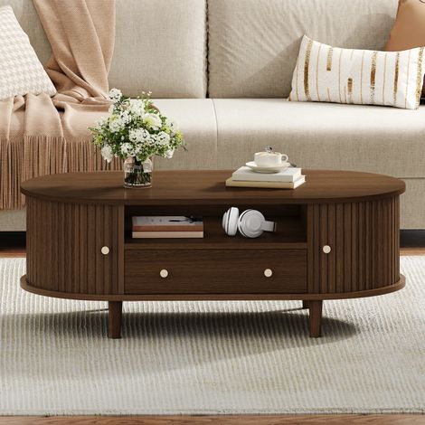 Table basse 100x50x36 cm finition noyer, avec tiroir, porte coulissante, espace de rangement ouvert et 4 pieds (1/5)
