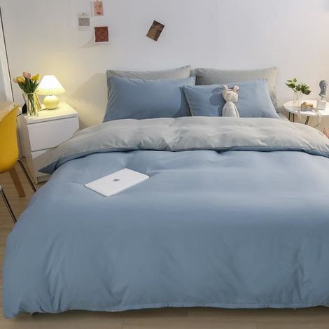 Parure de drap en Coton lavé - Parure de lit 4 Pcs avec 2 Taies d'oreiller, 1 Drap, 1 Housse de Couette - 200x230cm - bleu (1/4)