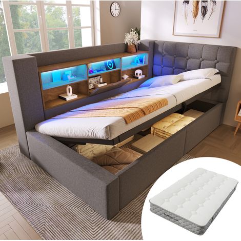 FLORAGRACE Lit coffre 90x200 cm en lin gris avec matelas, LED, rangement hydraulique, tête de lit en L (1/5)