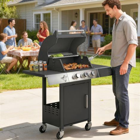 Barbecue a gas con 3 bruciatori, 8,1 kW, termometro, griglie, tavolini laterali, mobiletto e ruote, 109x50x109 cm, nero.