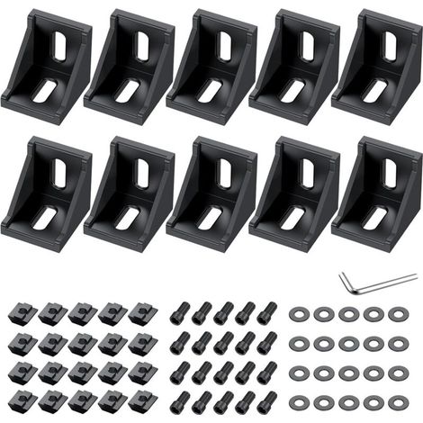 10 PCS d'angle en alliage d'aluminium noir, équerres d'angle à 90 degrés pour profilés 4040 4080, avec écrous en T, vis, rondelles et clé, pour le montage de structures industrielles (1/5)