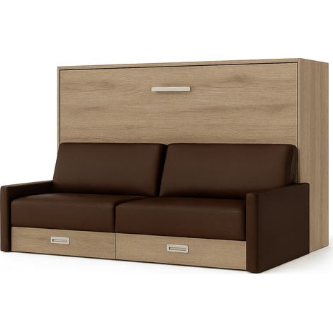 Lit escamotable horizontal avec canapé Vetal 120x190-Canapé Marron foncé-Structure et Façade Chêne clair (1/5)