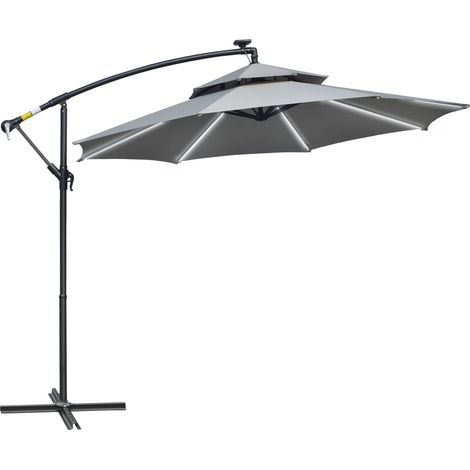 3(m) Cantilever Banana Parasol Hanging Umbrella with Double Roof, LED Solar lights, Crank, 8 Sturdy Ribs and Cross Base for Outdoor, Garden, Patio, Light Grey