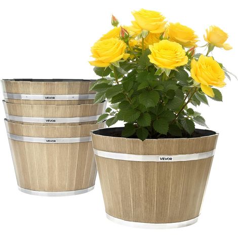 Jardinière en Forme Tonneau, Lot de 4, Pot de Fleurs en Plastique, 30 x 21 cm, avec Trous de Drainage, Décoration Vintage pour Intérieur, Extérieur, Plantation Herbes, Fleurs, Légumes, Marron (1/5)
