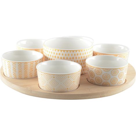 Service Apéritif 7 Coupelles en Verre Transparent et Plateau Rond en Bois 30 x 30 x 7 cm - PANGIVO (1/4)