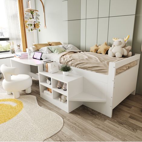 Cama infantil 90 x 200 cm multifunción con escritorio, almacenaje y puertos USB blanco HAVRYA (1/5)
