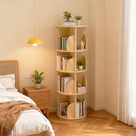 Bibliothèque Rotative 360° en Bois Massif 4 Niveaux, Étagère de Rangement sur Pied pour Enfant Adulte, Ø 39 x H 129 cm (1/5)