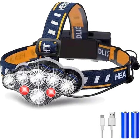 Lampe frontale puissante avec 8 LED, 8 modes, lampe frontale LED étanche (1/5)