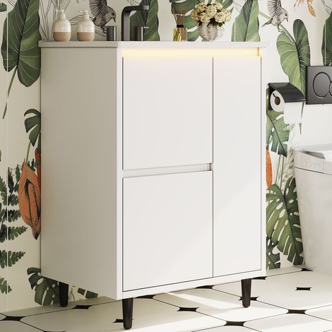 Mobile sottolavabo con piedini 61x46,5x87 cm con 2 cassetti, 1 anta e lavabo in ceramica integrato, MDF laccato bianco (1/5)