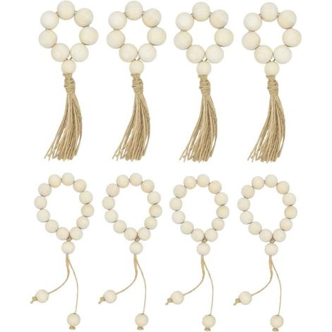 Rond De Serviette En Bois - 16 cm - Perles Naturelles 1 cm - Pompons Décoratifs - Rustique Intérieur - Lot De 8 (1/5)