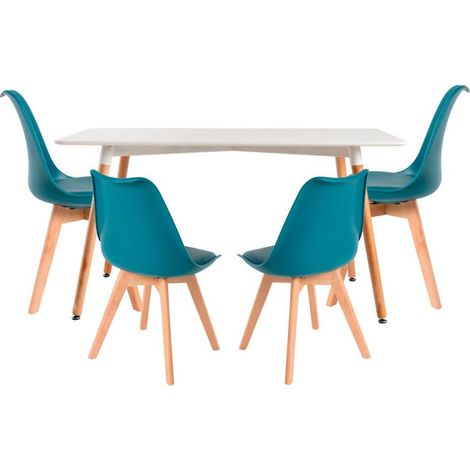 Conjuntos de mesa y sillas - Conjunto Mesa Tower Rectangular 120 x 80 cm Blanca y Pack 4 Sillas Synk Basic - Verde azulado (1/5)