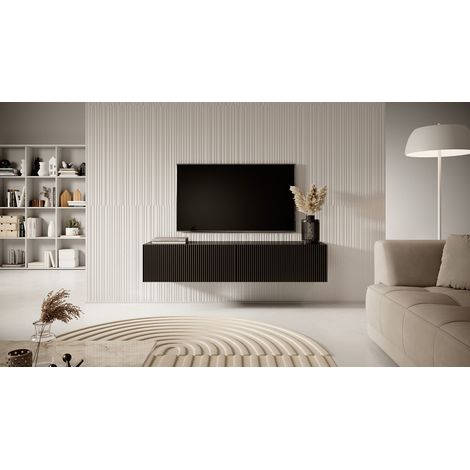 Selsey – Meuble TV 140 cm noir – Façade biseautée – Panneau stratifié résistant à l'humidité – 2 armoires spacieuses pour rangement