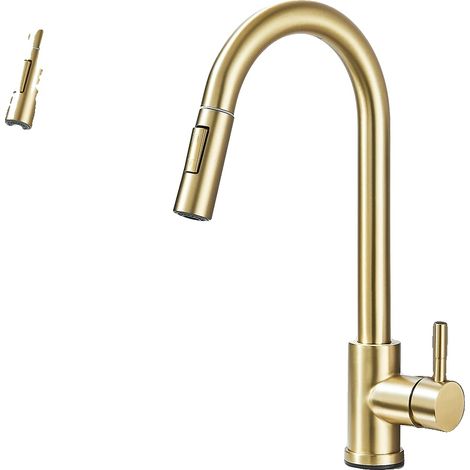 Grifo de cocina, rociador extraíble, control monomando, acabado en oro cepillado. (1/2)