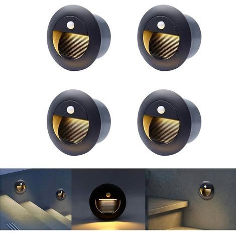 led escalier detecteur de mouvement, Applique Encastré Murale 1.5W 3000K IP65 65mm, Blanc chaud applique avec boîte, 230V eclairage mural alu escalier encastrable marchepied, noir(Paquet de 4) (1/5)
