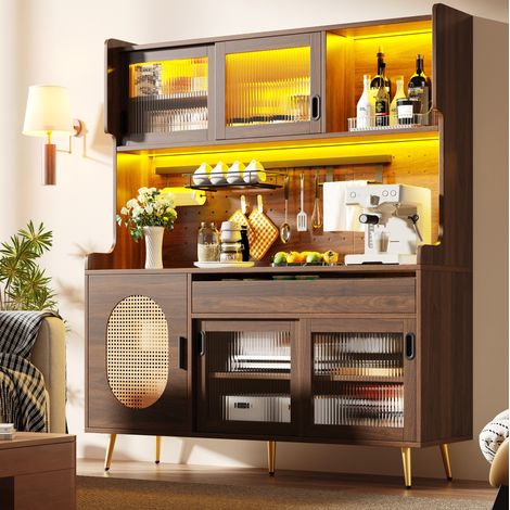 Buffet de rangement MDF brun 145 x 39 x 171 cm avec LED réglable par application, tiroirs et panneau perforé (1/5)