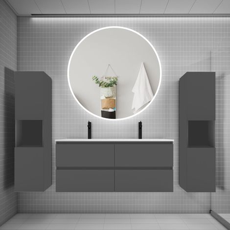Ensemble meuble double vasque L.120cm 4 tiroirs + lavabo + LED miroir rond 120cm + 2colonne,anthracite A