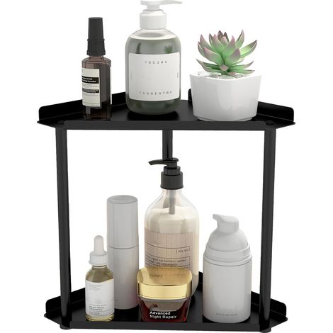Étagère de rangement double niveau pour plan de travail de salle de bain, étagère d'angle pour coiffeuse, étagère de rangement pour produits de soins et cosmétiques, cuisine, noire. (1/5)
