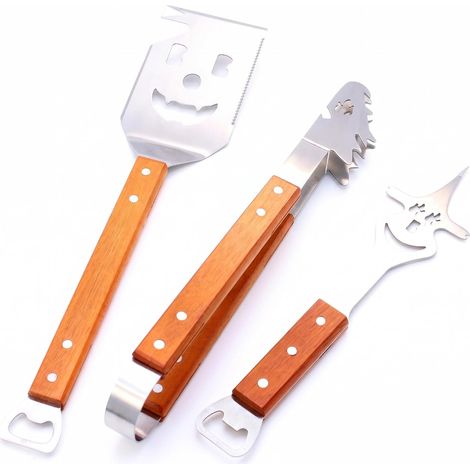 Kit Barbecue 3 Pièces en Acier Inoxydable avec Manche en Bois,Set Barbecue Accessoires Extra Longs, Ustensiles Plancha et Brasero, Pince, Spatule et Fourchette BBQ (1/5)