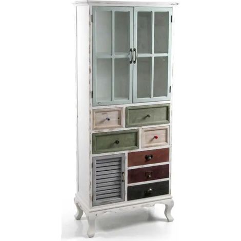 Meuble de rangement shabby chic 72 x 36 x 171 en bois patiné avec 10 tiroirs et 2 portes en verre