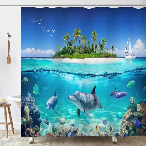 Rideau Douche Anti Moisissure 200x200 cm Dauphin Rideau de Douche Baignoire Tissu Imperméable Polyester Océan Turquoise Rideaux Salle de Bain avec Anneaux Tissus Lavable Machine (1/5)
