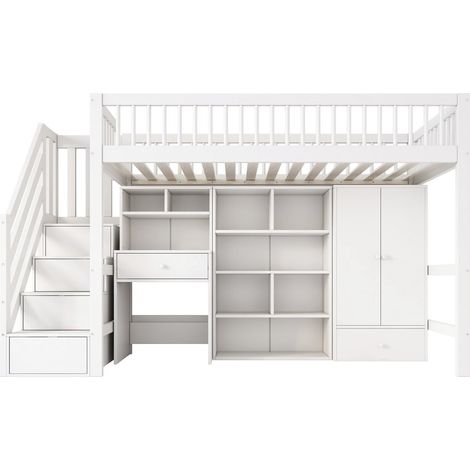 Lit mezzanine en bois avec dressing et bureau intégré "Amélia" - 90 x 190 cm - Blanc