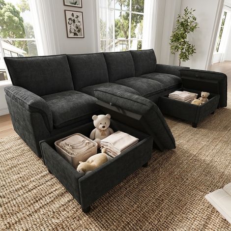 Divano Cloud modulare a forma di U, comodo divano angolare con design a seduta profonda, con 2 poggiapiedi mobili, schienale alto, nero, dimensioni: L264,5/P142,5/H84 cm (1/5)