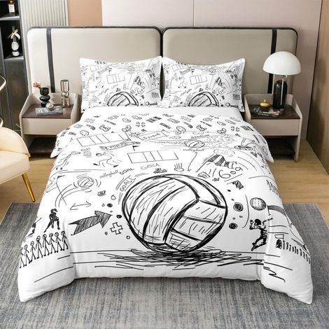 Housse de couette 100 % coton 135 x 200 cm Pour chambre à coucher Motif volleyball Pour enfants et adolescents Gris et blanc (1/5)