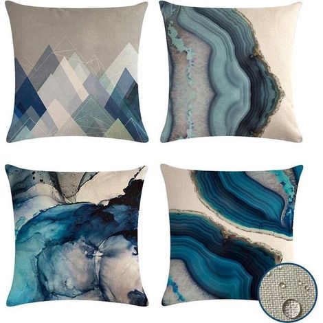 Housse De Coussin - 45 X 45 Cm - Imprimé Géométrique Marbre Bleu - Lin Polyester - Pour Canapé Salon Lit Extérieur - Lot De 4 (1/5)