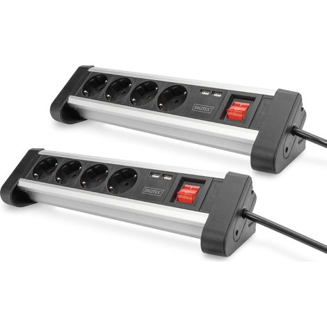 DIGITUS DA-70614 - Presa multipla con USB - 2 pezzi - 2x porta USB (USB-A) - 4x presa con contatto di terra - Con interruttore - Caricatore USB - Per montaggio a parete e da tavolo, Nero (1/5)
