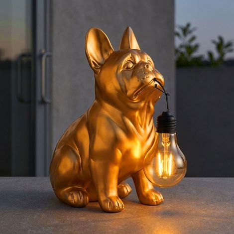 LED Solarleuchte Außenbereich Gartenleuchte goldfarben Bulldogge H 23,5 cm (1/5)