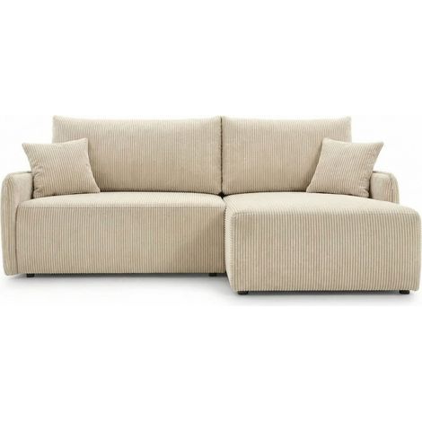 SACHA - Canapé d'angle convertible petit velours côtelé 3 places - Gauche - Beige
