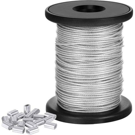 Cavo per appendere quadri, bobina in acciaio inox, 1,5 mm50 m, con 20 manicotti a crimpare. (1/5)
