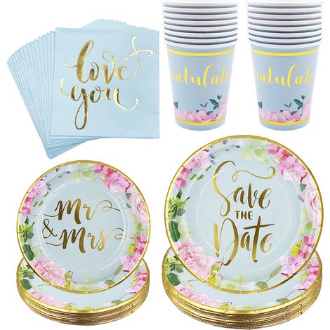 Geschirrset für 16 Personen (4-teilig: Tabletts 7 und 9 Zoll, Becher, Servietten): Pappteller und Becher mit Blattgoldverzierung, ideal für eine Hochzeit oder einen Junggesellenabschied. (1/2)