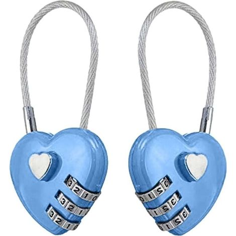 Lot de 2 serrures à code portables en forme de cœur – idéales pour sacs à dos, bagages et boîtes à bijoux (bleu)