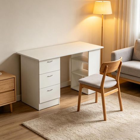 Bureau d'ordinateur multifonction 120 cm panneau MDF avec 3 tiroirs et 3 étagères modulables, table de travail pour bureau chambre gaming (1/5)