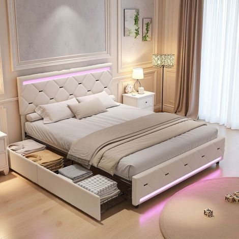 Letto matrimoniale 160x200 - letto con cassetto in velluto beige trapuntato - LED RGB integrato - 4 cassetti in metallo - USB-A/Type-C